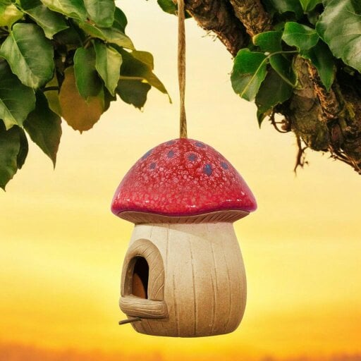 EDH Door Hardware Hand painted Red Terracotta Mushroom Bird House - Garden Décor, Fairy Cottage Style, Outdoor Hanging Birdhouse