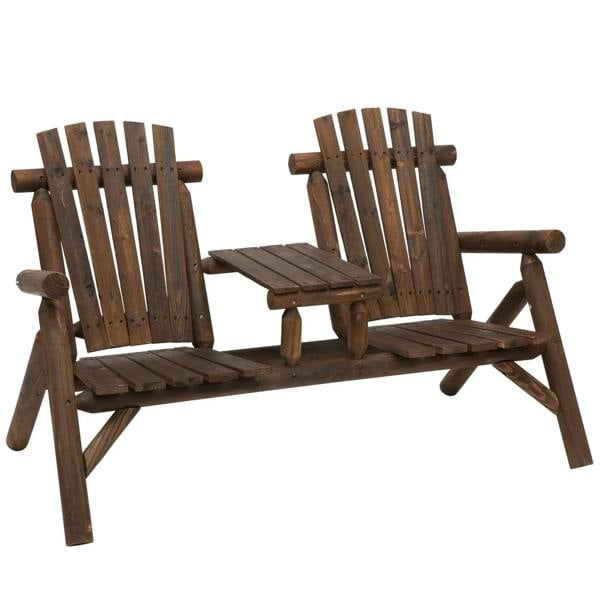 Carbonized wood patio bench with slatted backrest and center tea table.