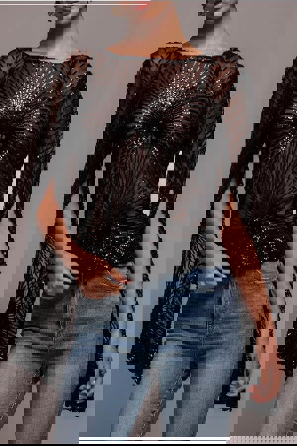 Sequin Starburst Cape Sleeve Top - Black T224