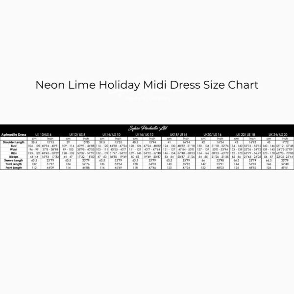 Neon Lime Holiday Midi Dress Size Chart