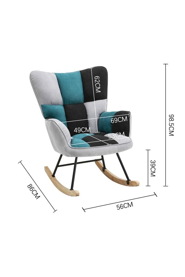 Living and Home Blue Grey Black Check Tufted Linen Patchwork Rocking Chair
