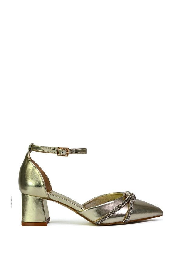 XY LONDON Ankle Strap Pointed Toe Diamante Mid Block Heels - Gold