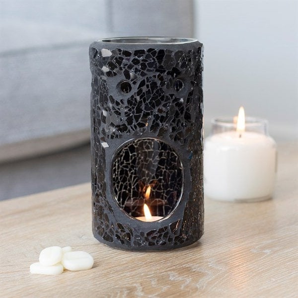 Serano Black Crackle Glass Pillar Oil Burner and Wax Warmer