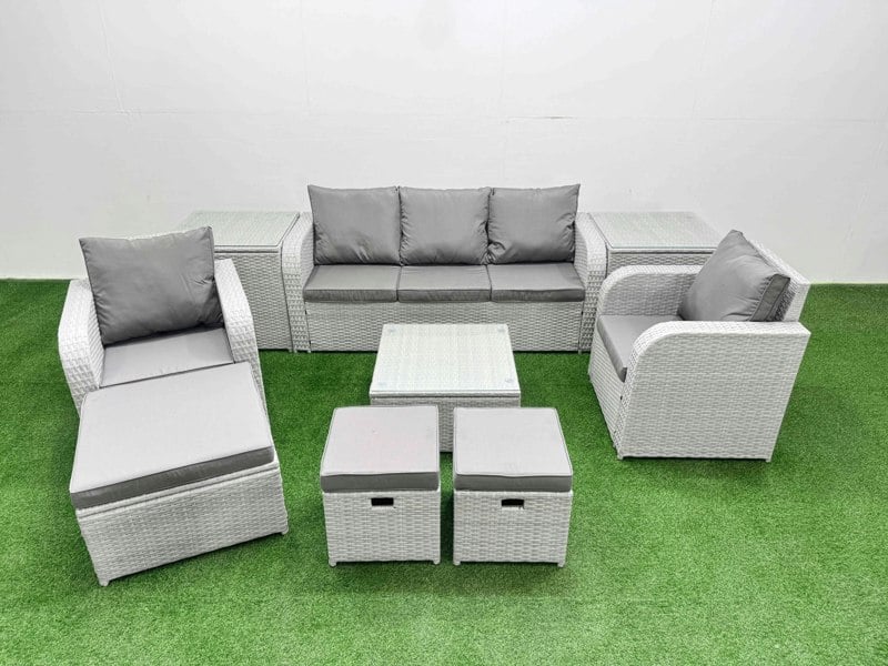 Fimous PE Rattan Garden Furniture Set Reclining Chair Sofa Lounge Sofa Set Square Coffee Table 2 Side Table 3 Stools Light Grey
