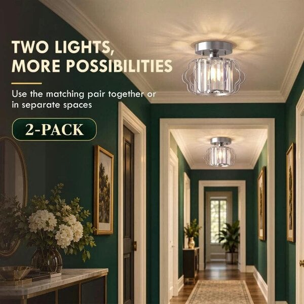 Crystal Ceiling Light Fixtures, Modern Semi-Flush Ceiling Lighting with Crystal Strips, 2 Pack, Silver Tone