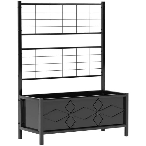Black galvanised raised garden bed with diamond-pattern front panel and trellis frame