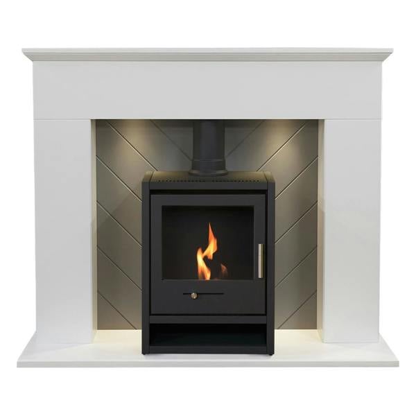 Adam Corinth Stove Fireplace in Pure White & Grey with Downlights & OKO S1 Bio Ethanol Stove in Charcoal Grey, 48 Inch