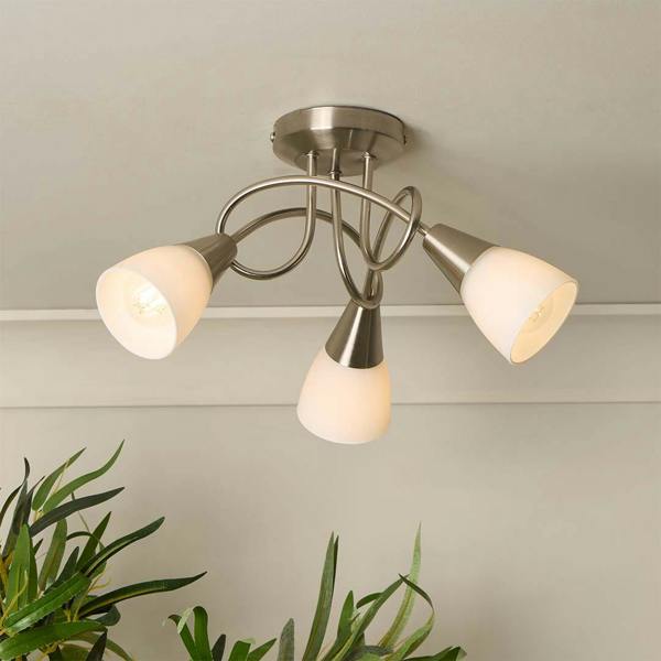Swirl‑Arm 3‑Light Ceiling Fitting with Frosted Cone Shades