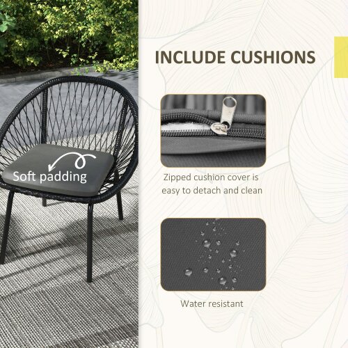 Wyld Haus Lukeno Black Rattan Rope 3 Piece Outdoor Bistro Set Table and 2 Chairs Set