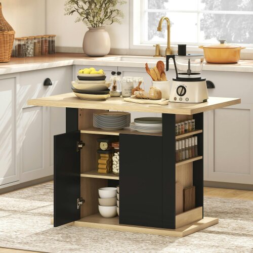 HOMCOM Kitchen Island with Storage Cabinet and Spice Rack, Black & Natural - Particleboard - Kitchen island - 110W x 70D x 75.5H cm
