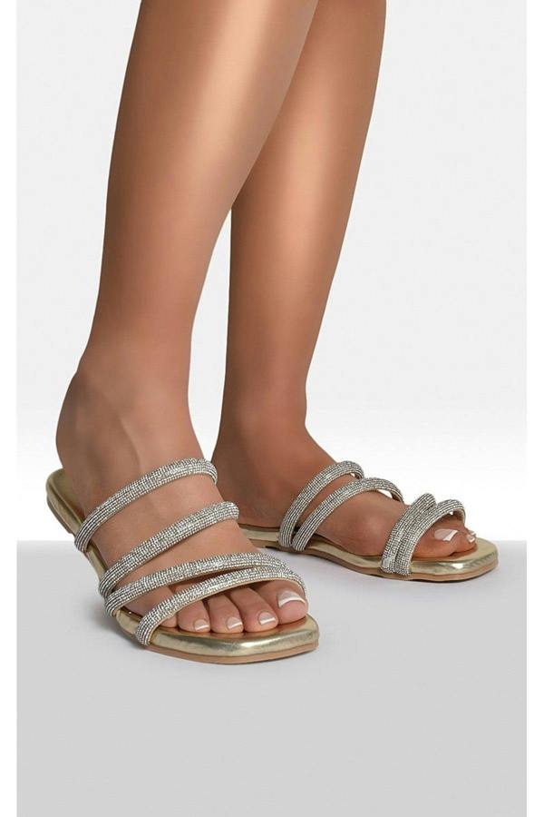 Reya Embellished Asymmetrical Strap Flat Sandals - Gold