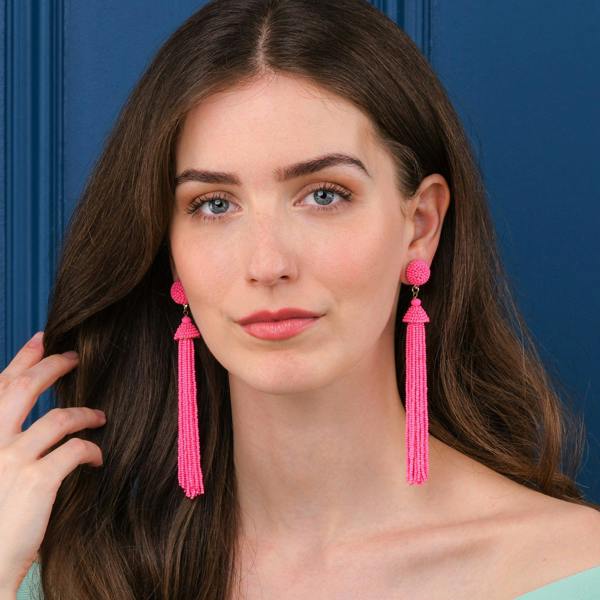 Zavana Long Bright Pink Beaded Tassel Earrings for Women