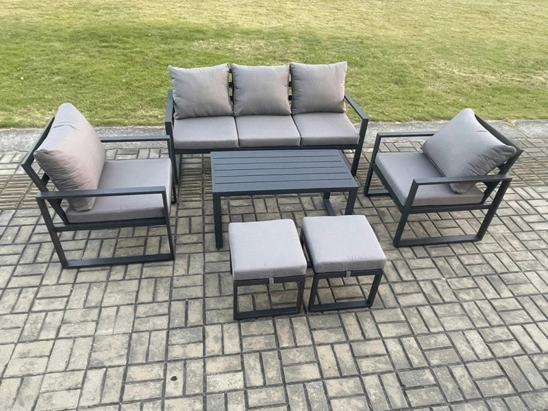 Fimous Aluminium Patio Outdoor Furniture Set 7 Seater Garden Sofa with Oblong Coffee Table 2 Small Footstools 2 Armchairs Dark Grey