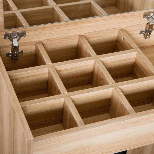 Wood vanity storage organizer with multiple divided compartments inside drawer