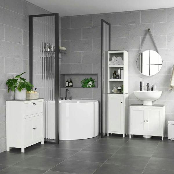 White floor-standing bathroom vanity cabinet with doors for countertop sink storage.