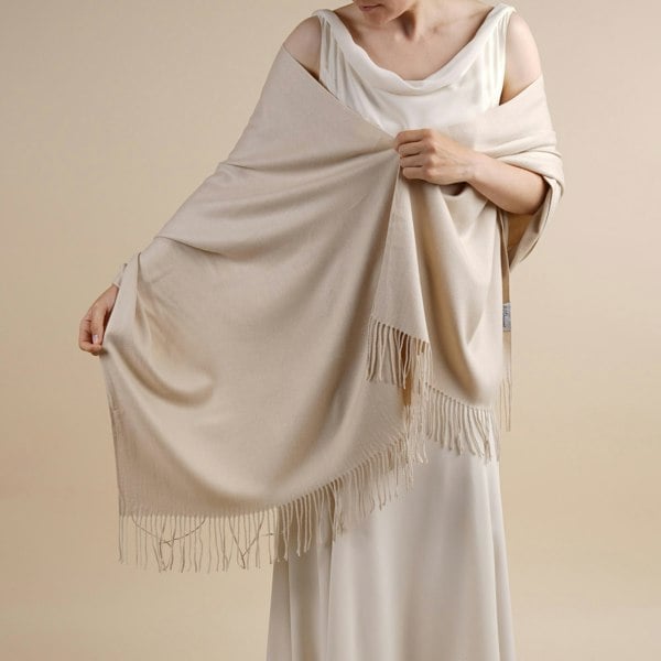 Antonia York Beige Pashmina | Drew Super Soft Large Special Occasion Wrap with Tassels