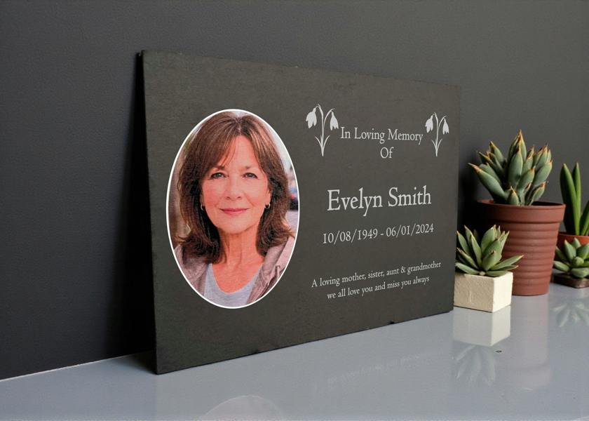 Memorials Direct Photo Slate Memorial Plaque, Snowdrop, Add a Portrait & Personalised Text | 35×25cm (14×10”)