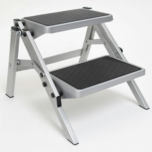 Folding Aluminium Double Step Stool (Caravan Foldable Non-Slip Twin Platform)