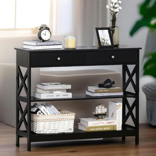 Rafaelo Mobilia 3 Tier Console Table With 2 Drawers Black