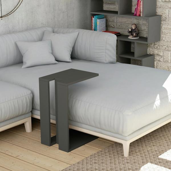 Decortie Muju Modern C Shape Table Oak Effect Gold Marble Effect Mocha Grey Multipurpose  H 57cm