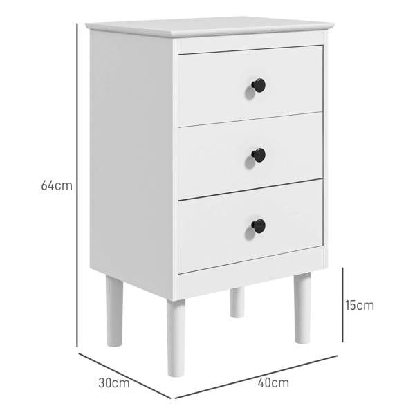White three-drawer bedside table with 40cm x 30cm footprint and 64cm height.