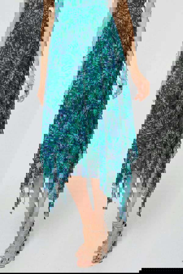 Green | Printed Semi Sheer Hanky Hem Midi Dress