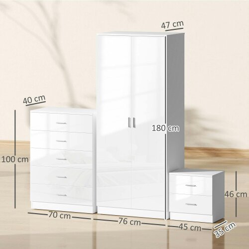 Wyld Haus Belatera High Gloss White 3 Piece Bedroom Furniture Set Wardrobe Chest of Drawers And Bedside Table