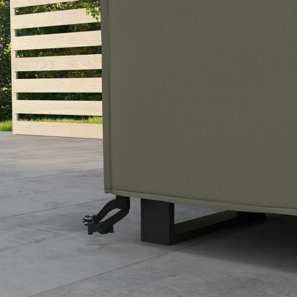 Grey patio furniture cover with tie straps at bottom corners