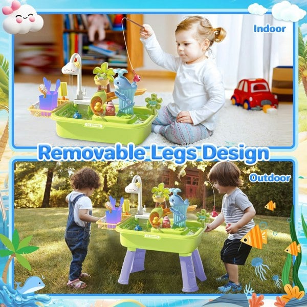 deAO Toys Beach Table & Simulation Kitchen Sink 2-in-1 Toy Set with Water Supply Function Simulation Dishwashing Set
