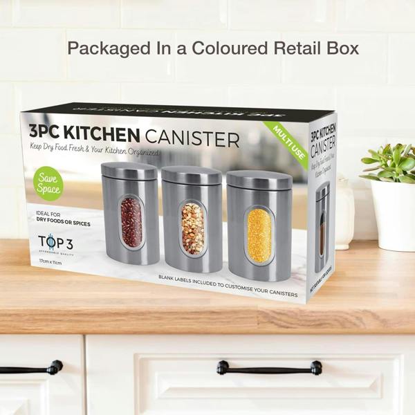 Top 3 3 Piece Kitchen Canister Set Coffee Tea Sugar Caddy Silver
