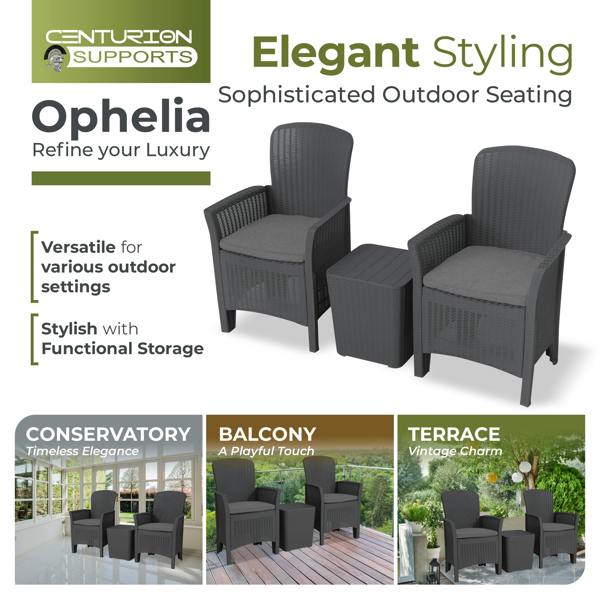 Homeology OPHELIA 3-Piece Rattan Garden Furniture High Back Armchair Set with Side Table in Black
