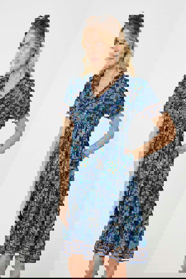 Teal | Paisley Border Print V-Neck Short Dress