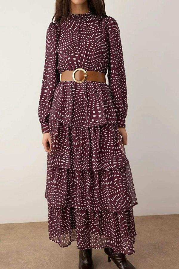 WOVCOR Stand Collar Patterned Lined Chiffon Woven Dress with Belt