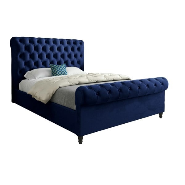 Casa Magna Sienna Sleigh Upholstered Soft Velvet Bed Frame - Blue