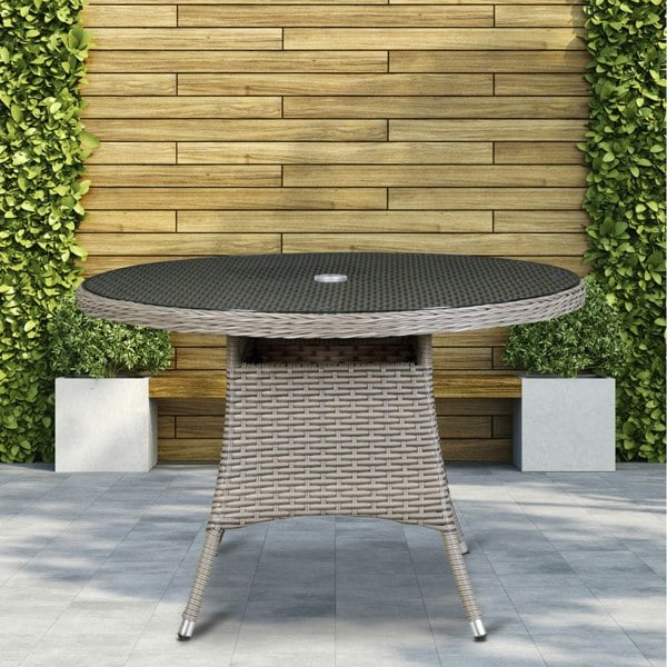 110cm Round 4 Seater Garden Dining Table - Rattan Wicker Brown & Glass Outdoor - LoopsDirect