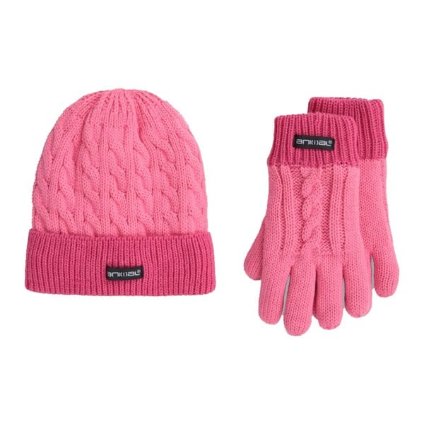 Animal Kids Faux Fur Lined Hat And Gloves Set - Pink