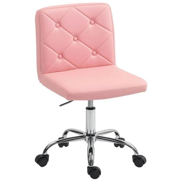 Pink armless swivel office chair with tufted back, padded seat, rolling caster base