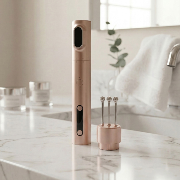 Innocera Platinum skincare device displayed upright beside the Fine Line & Wrinkle treatment head in a clean bathroom setting.
