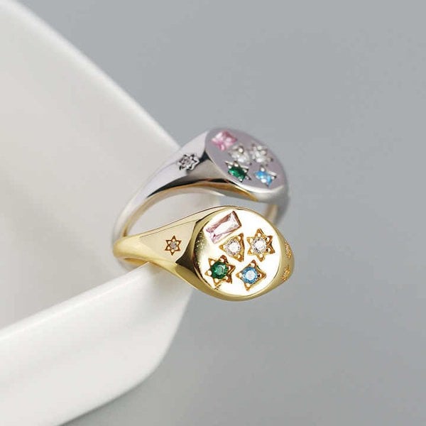 Spero London Kaleidoscope Gemstone Multicolour Round Sterling Silver Adjustable Signet Ring