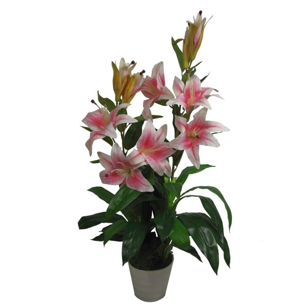 Leaf 90cm (3ft) Artificial Lily Stargazer Style Lillies Plant Large Flowers Pink