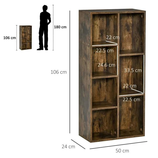 Rustic brown 7-cube bookcase with open shelves, front and side size view