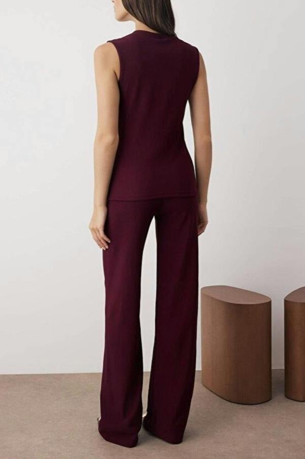 WOVCOR 2-Piece Button Accessory Sleeveless Top & Regular Fit Knit Pants Set
