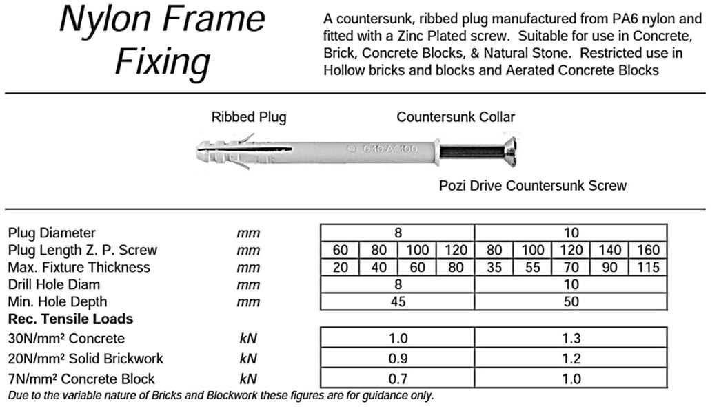 Fixaball Frame Fixing Nylon Plastic Plug Screw Pozi Countersunk Zinc 8mm 10mm