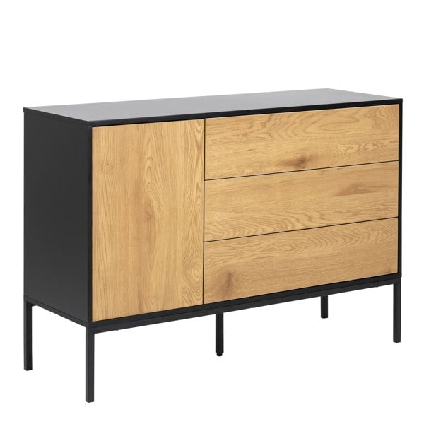 Furniture To Go Seaford 1 Door 3 Drawer Small Sideboard in Black & Oak
