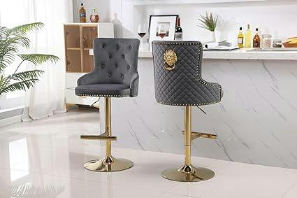 HYGRAD BUILT TO SURVIVE Lion Knocker Velvet Bar Stools, Adjustable Swivel – Set of 2 | HYGRAD®