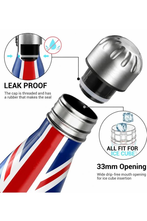 Dyzi 500ml Stainless Steel Water Bottle Leak Proof Union Jack