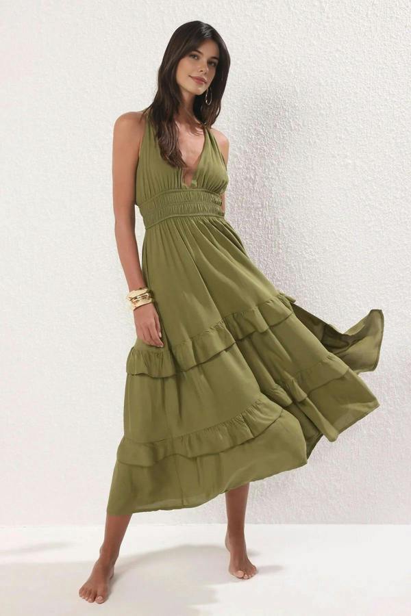 WOVCOR Woven Ruched Maxi Beach Dress