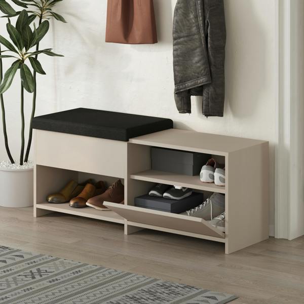 Decortie Modern Filux Shoe Bench Rack Sliding Fabric Seat and 120.3(W) Storage Cabinet 2-Tier Open Shelves Hallway