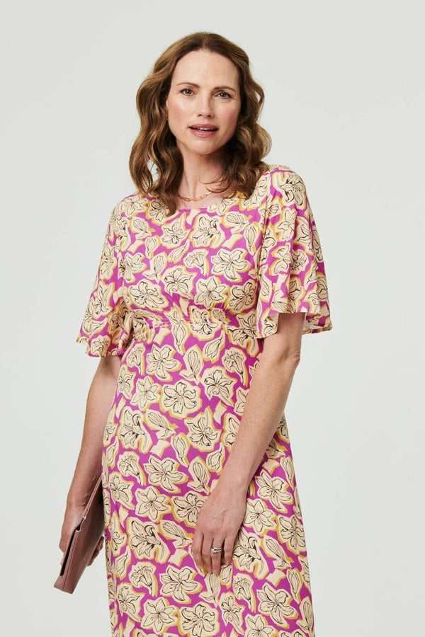 Purple | Floral 1/2 Flare Sleeve Midi Dress

