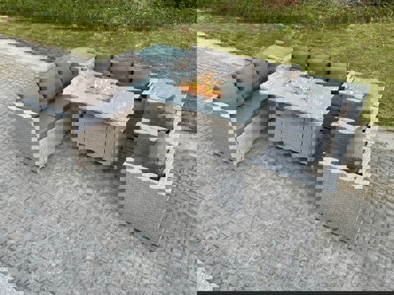 Fimous Light Grey Rattan Fire Pit Garden Furniture Set Gas Heater Burner Lounge Sofa Dining Set 2 Side Coffee Table And Chairs